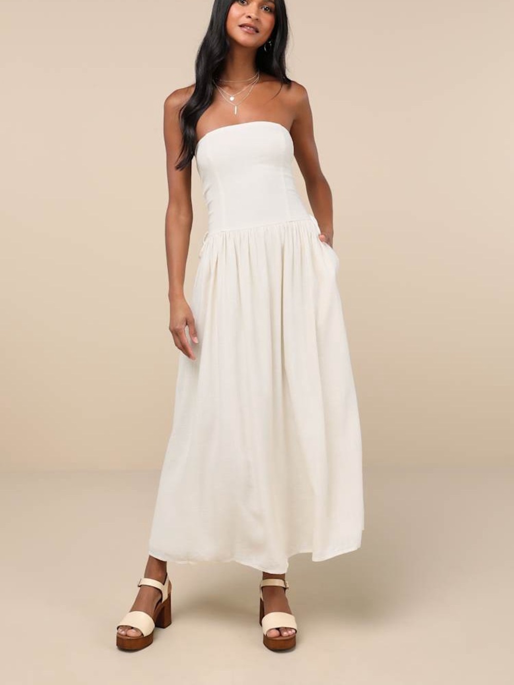 Lulu's Strapless Cream Maxi Dress with Gathered Skirt